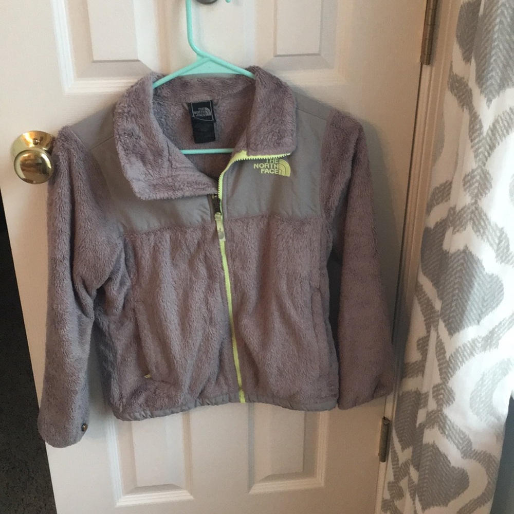 Grey and lime green north face fuzzy coat
